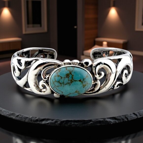 Vintage Sterling Silver Turquoise Cuff Bracelet ATI Mexico - Picture 3 of 11